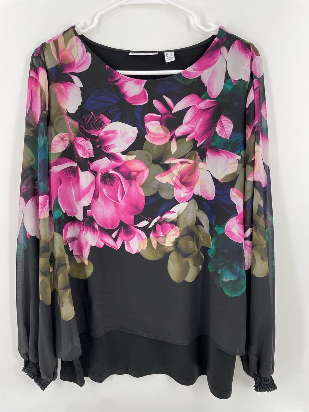 Susan Graver Black with Floral Overlay Smocked Cuff Liquid Knit Scoop Neck Top